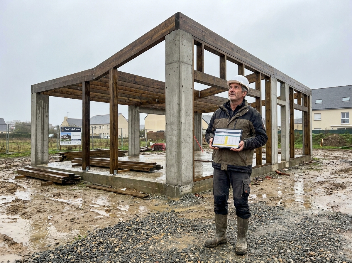 Professionnel de la construction analysant les coûts devant une maison moderne en construction à Saint-Grégoire