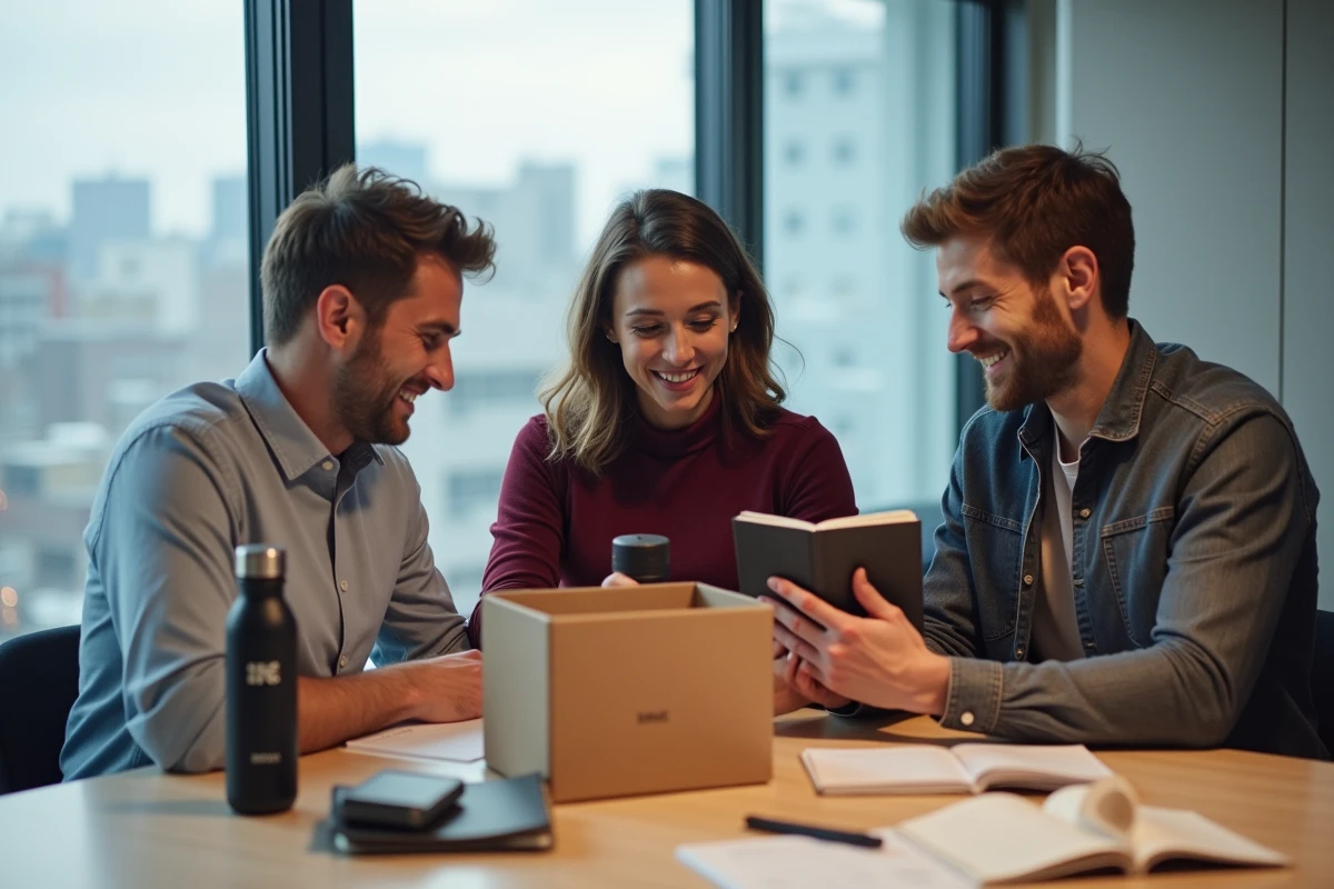 Groupe de professionnels découvrant des goodies personnalisés lors d'un événement d'entreprise autour d'une table de réunion