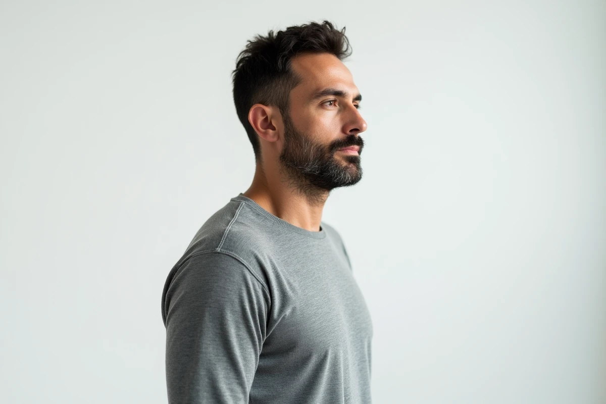 Homme de profil trois-quarts montrant l'importance du menton dans l'équilibre des traits du visage