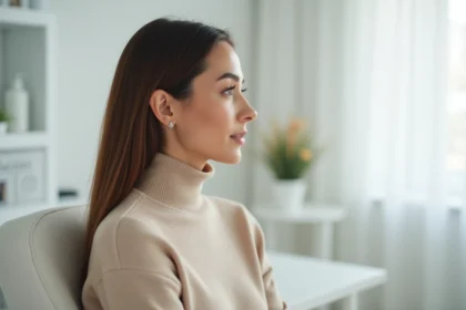 Portrait de profil d'une femme regardant une consultation de chirurgie esthétique du menton dans une clinique moderne