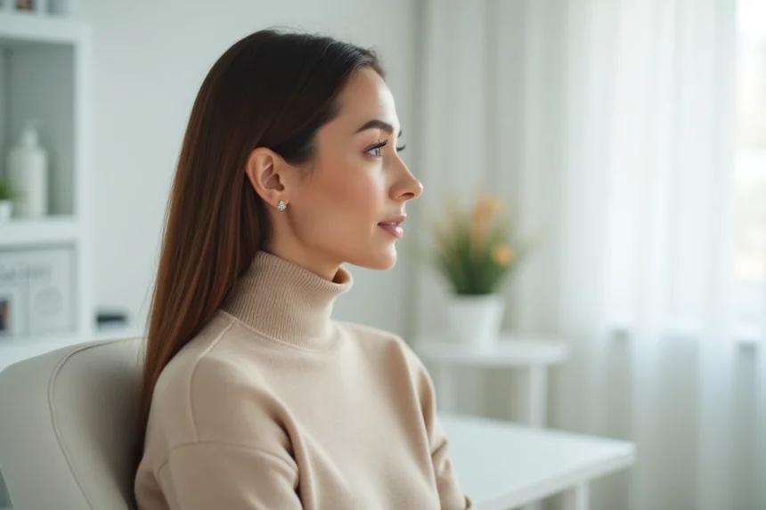 Portrait de profil d'une femme regardant une consultation de chirurgie esthétique du menton dans une clinique moderne