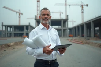 Architecte industriel sur un chantier de construction, tenant des plans et une tablette, contemplant un projet immobilier industriel en cours