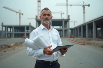 Architecte industriel sur un chantier de construction, tenant des plans et une tablette, contemplant un projet immobilier industriel en cours