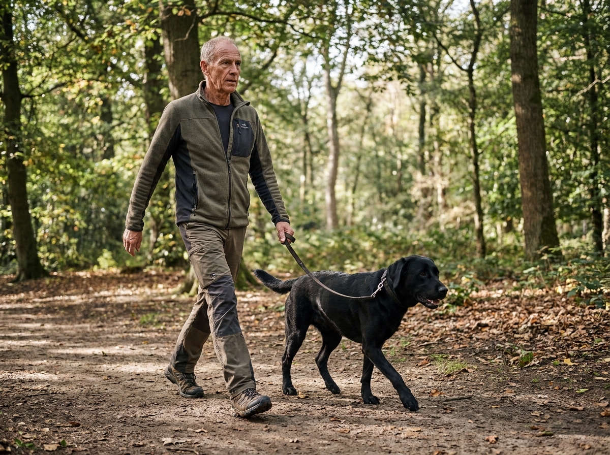 homme senior promenant un chien stérilisé maigre en forêt, illustrant l'importance de l'exercice régulier pour maintenir un poids sain