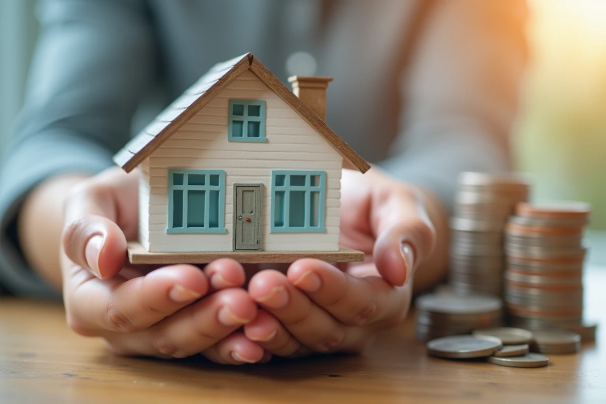 Mains tenant une maquette de maison avec graphique de croissance financière et pièces de monnaie, représentant l'investissement immobilier