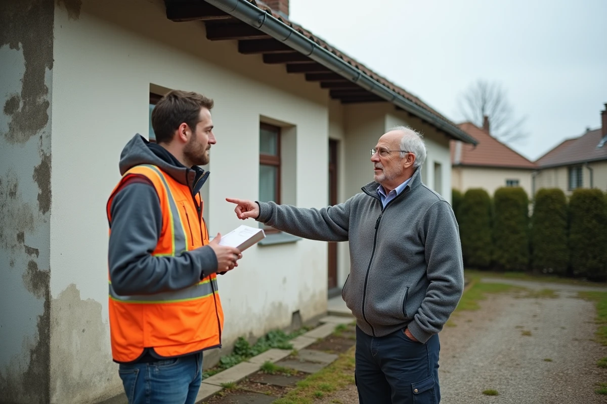 Propriétaire et artisan évaluant les travaux de rénovation énergétique d'une maison individuelle