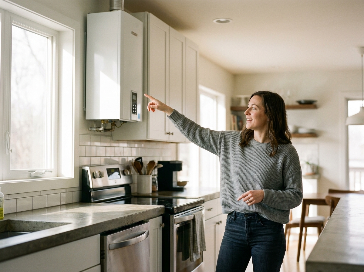 Propriétaire examinant un chauffe-eau thermodynamique installé dans une cuisine moderne et lumineuse