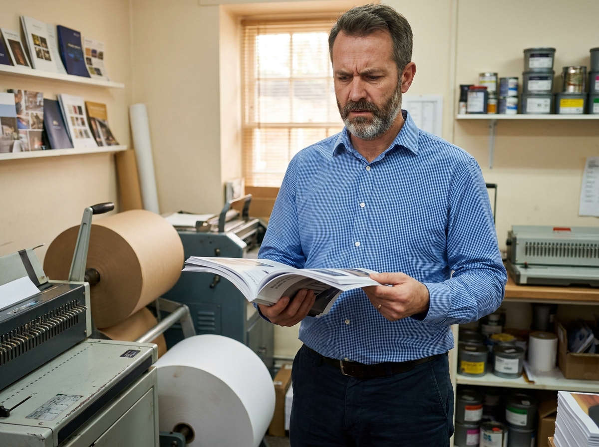 Propriétaire de petite entreprise inspectant des catalogues imprimés avec reliure piqûre dans un atelier d'imprimerie professionnelle