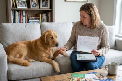 Femme mature examinant son chien golden retriever en lisant des documents d'assurance pet dans un salon cosy, illustrant la décision de protection animale