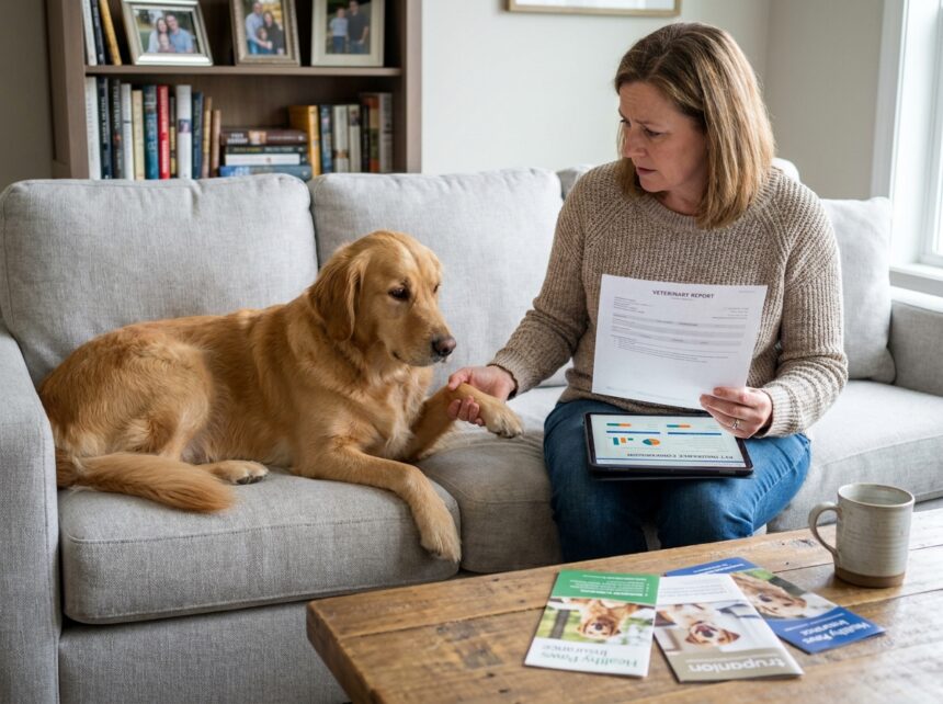 Femme mature examinant son chien golden retriever en lisant des documents d'assurance pet dans un salon cosy, illustrant la décision de protection animale