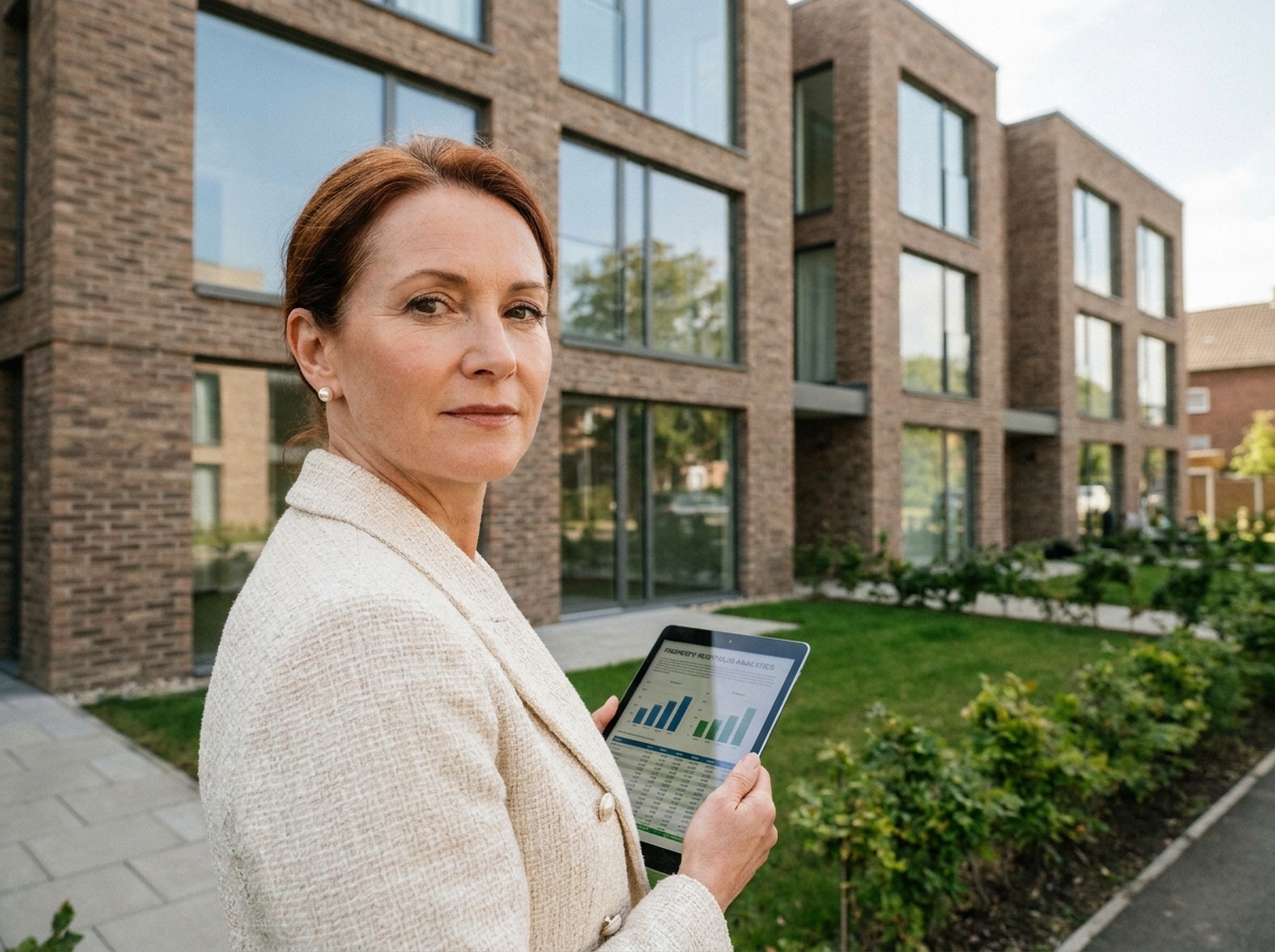 femme investisseur immobilier devant un immeuble d'habitation avec analyse de rentabilité sur tablette