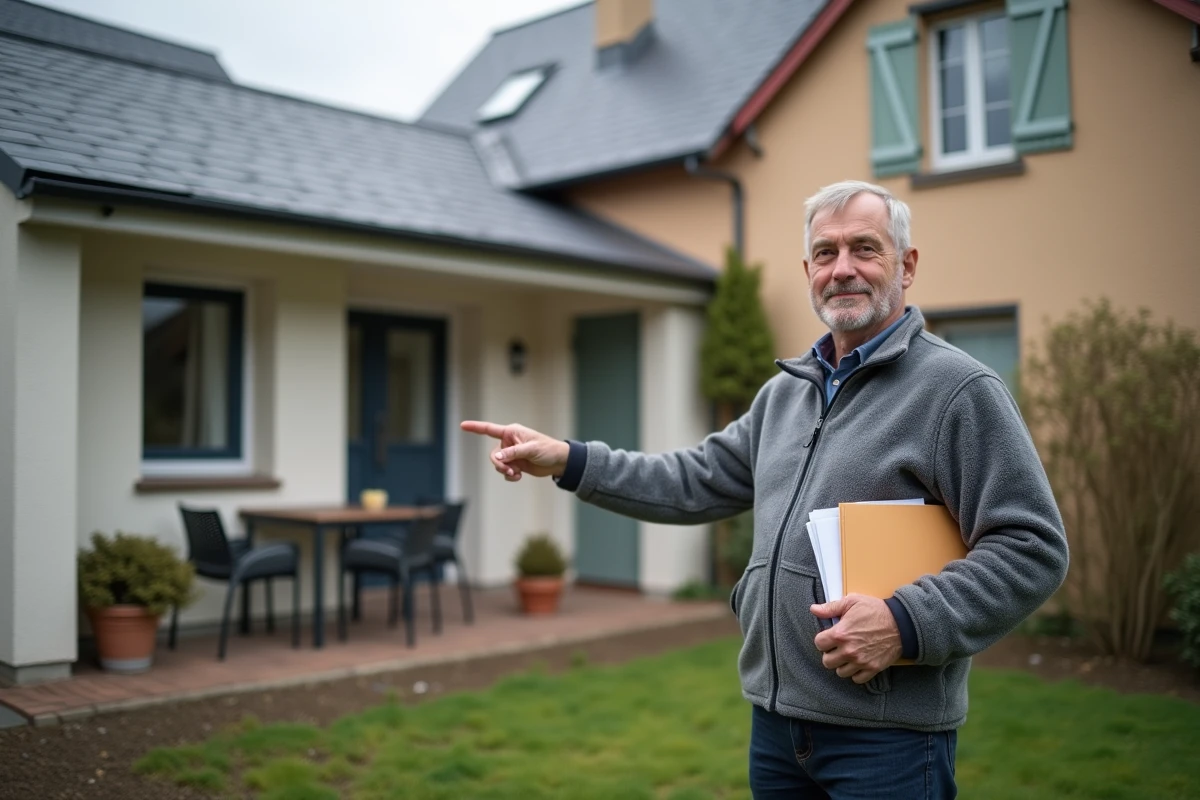 Propriétaire devant sa maison rénovée montrant l'isolation du toit financée grâce à la prime rénov