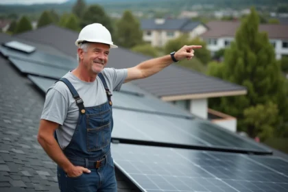 Propriétaire satisfait pointant des panneaux solaires sur le toit de sa maison, symbole d'économies d'énergie et d'indépendance énergétique pendant la crise