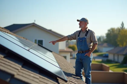 Propriétaire heureux admirant ses panneaux solaires nouvellement installés sur le toit de sa maison résidentielle