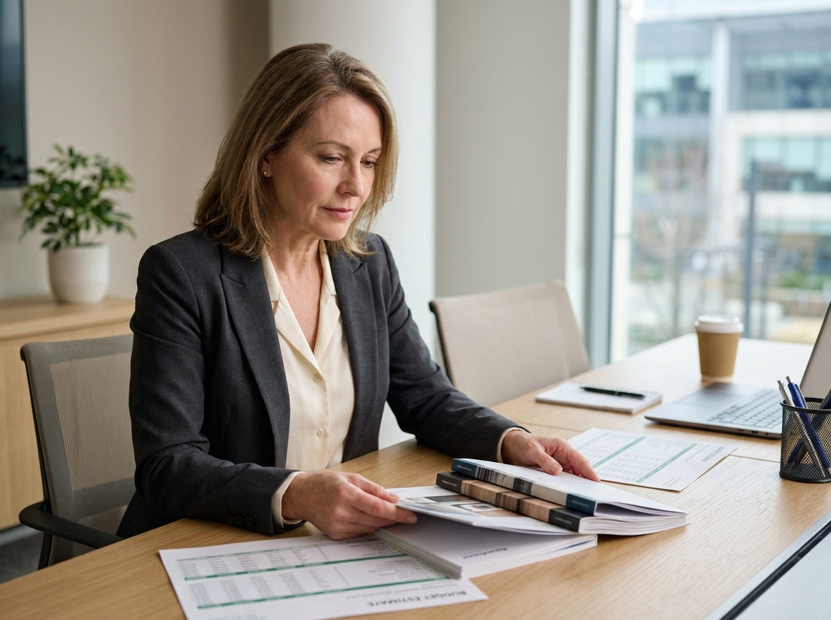 Propriétaire PME comparant échantillons de reliure et devis pour optimiser budget brochure marketing