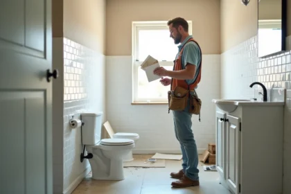 propriétaire examinant les coûts de rénovation salle de bain avec matériaux et équipements visibles