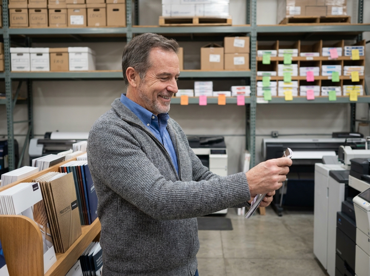 propriétaire de petite entreprise sélectionnant des brochures imprimées sur étagère avec différentes reliures et formats