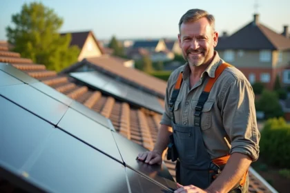 Propriétaire examine des panneaux solaires installés sur le toit de sa maison résidentielle dans une banlieue ensoleillée