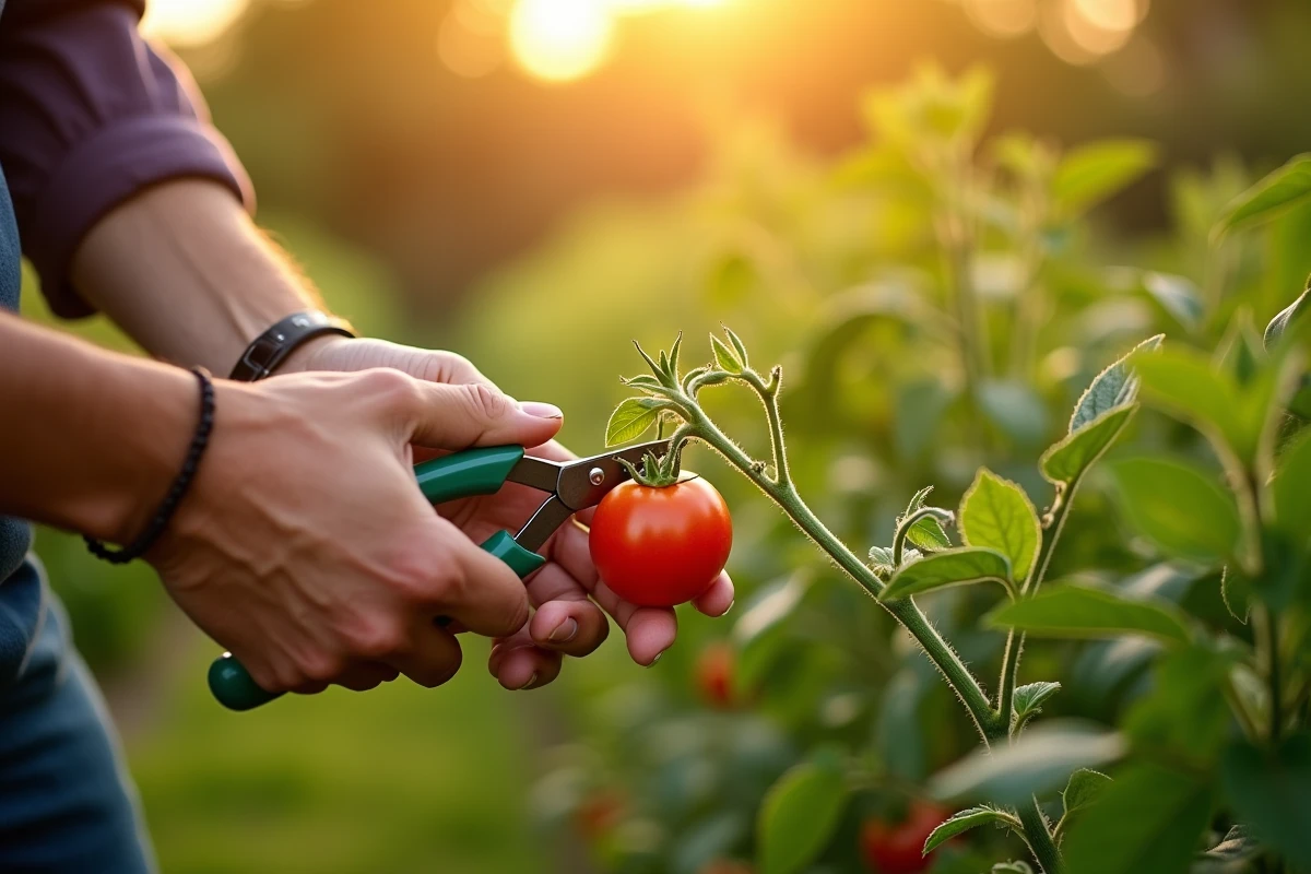 Taille et entretien d'un plant de tomate en été au jardin