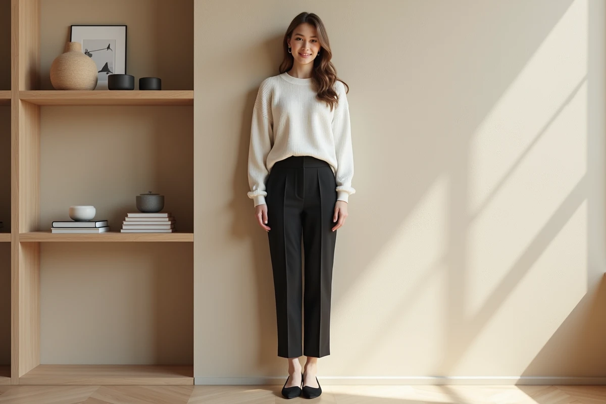 femme en tenue élégante basique avec pull blanc et pantalon noir, style intemporel et raffiné