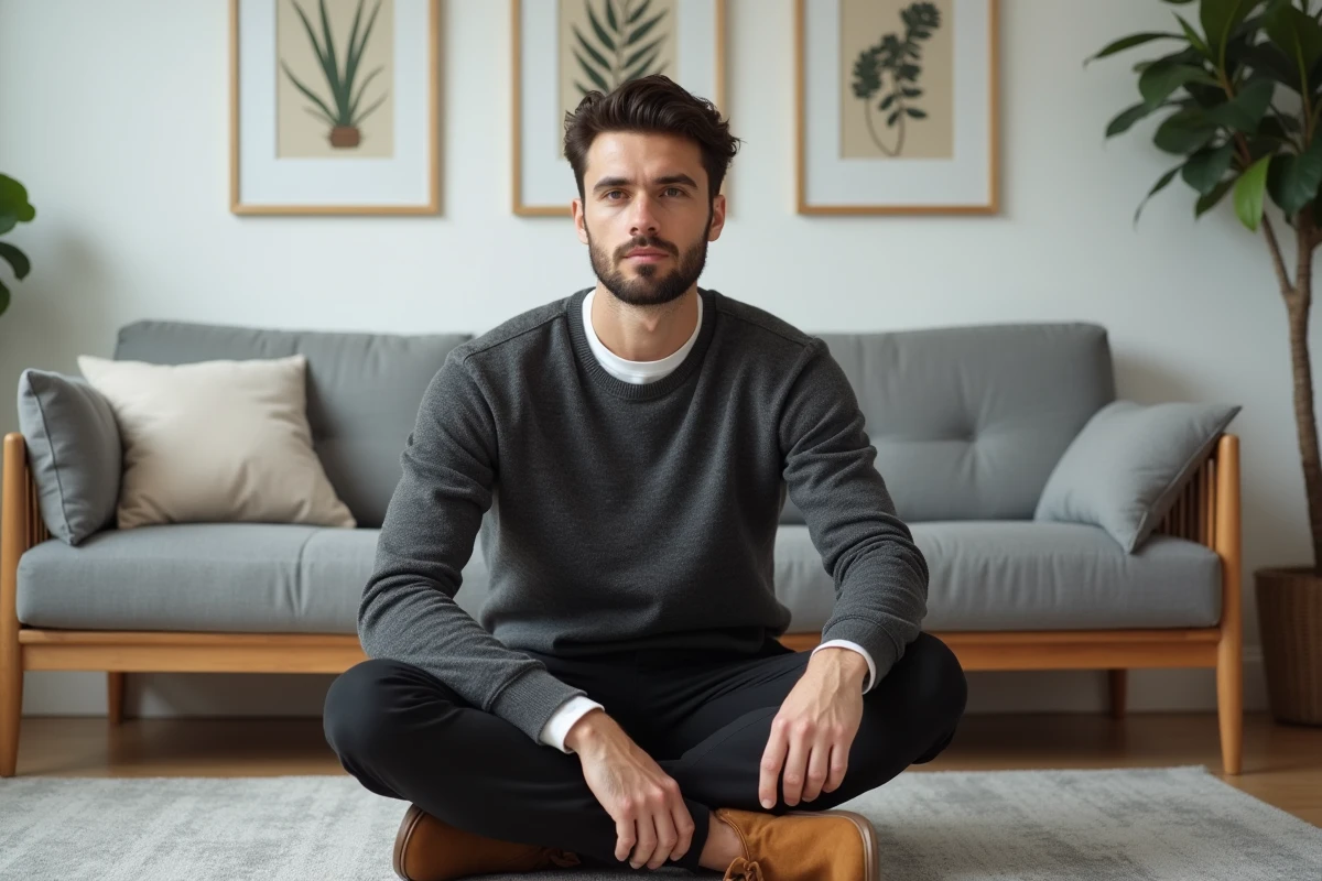 Homme en tenue basique intemporelle avec pull gris, chino noir et boots pour un style décontracté et élégant