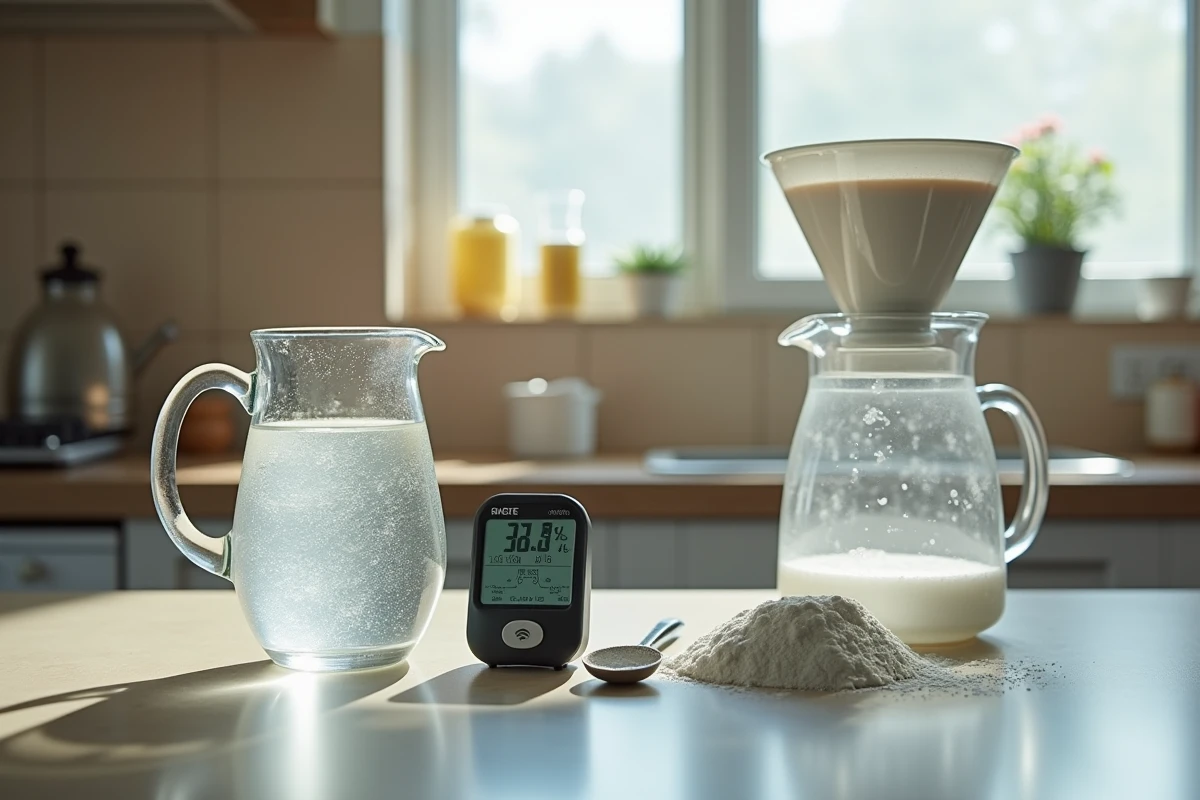 Comptoir de cuisine montrant un testeur de dureté de l'eau et un kit de détartrage avec poudre d'acide citrique pour cafetière