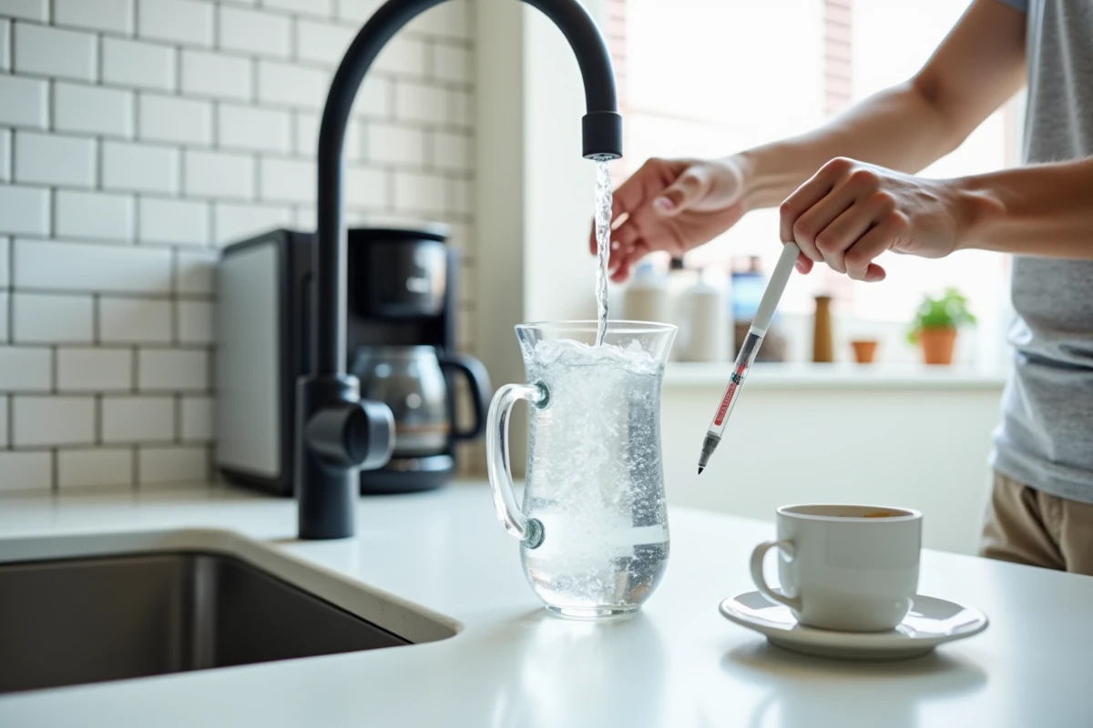 Personne testant la qualité de l'eau avec un stylo TDS à côté d'un filtre à eau et d'une machine à café présentant des traces de calcaire sur le réservoir