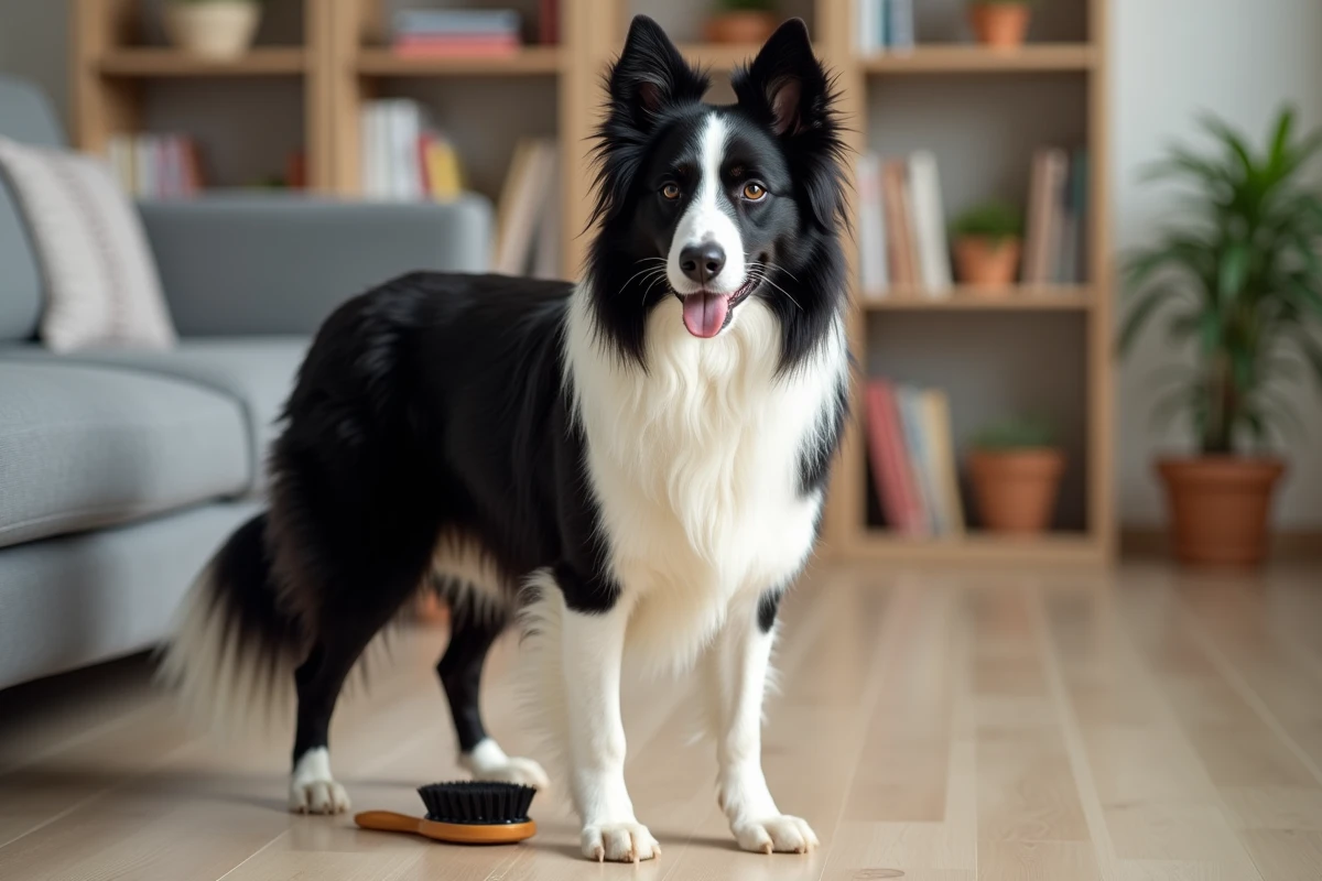 Un border collie au pelage brillant et dense se tient fièrement sur un parquet en bois clair