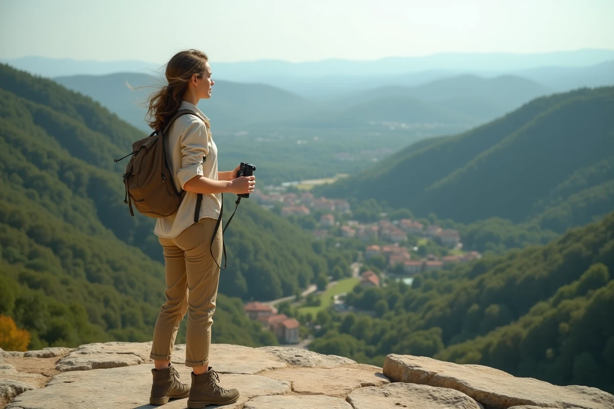 Randonneuse observant le paysage vallonné et forêts d'Ardèche depuis un point de vue panoramique