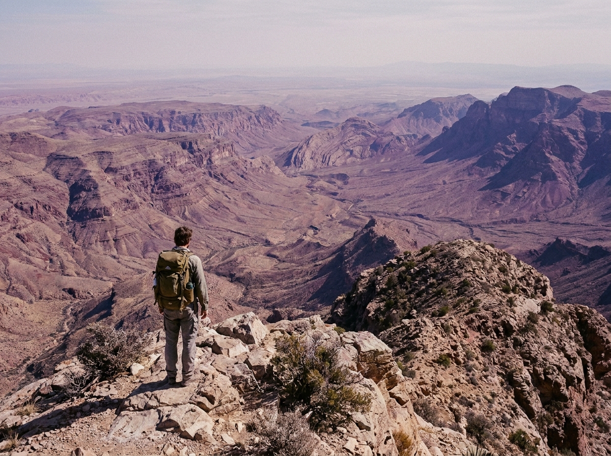 Randonneurs solitaire sur crête montagneuse dominant les formations rocheuses désertiques de l'Afrique du Sud