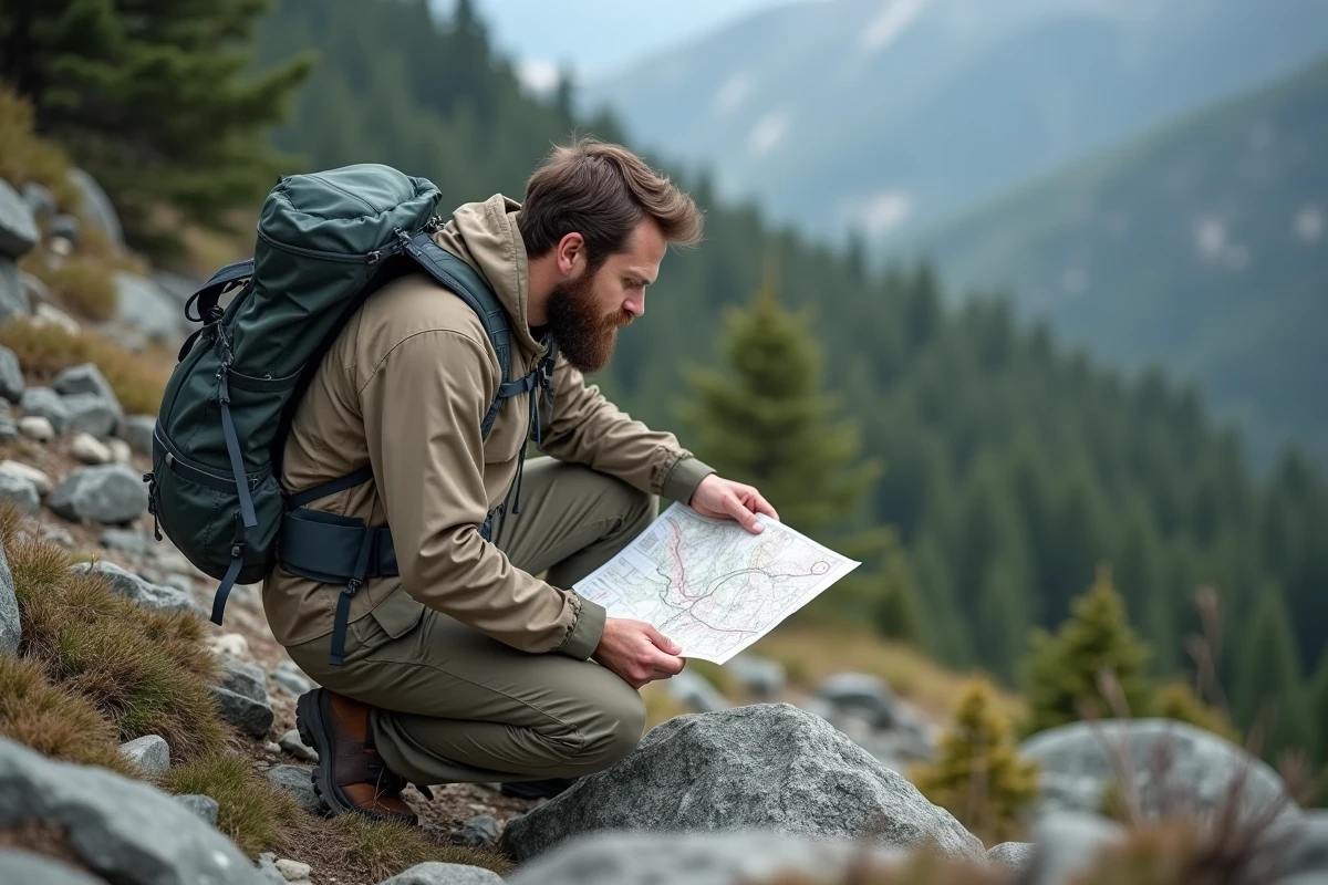 Randonneur homme consulte une carte topographique avec son sac à dos léger lors d'une randonnée en montagne rocheuse