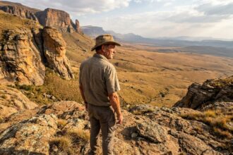 Randonneur solitaire contemplant les vastes espaces des montagnes du Drakensberg en Afrique du Sud