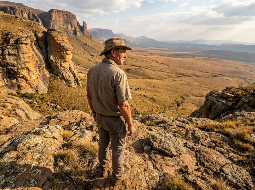 Randonneur solitaire contemplant les vastes espaces des montagnes du Drakensberg en Afrique du Sud