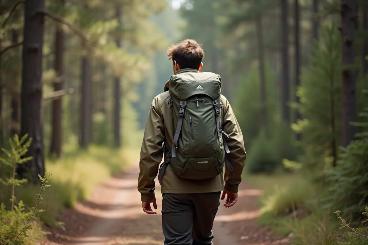 Randonneur vue de dos marchant sur un sentier forestier avec un petit sac à dos ultraléger pour trek minimaliste