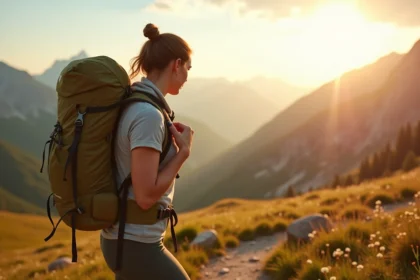 Randonneuse femme ajustant son sac à dos ultraléger sur un sentier de montagne en altitude avec vue panoramique sur les Alpes