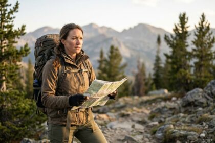 Femme randonneuse examinant sa carte topographique sur un sentier de montagne avec son sac à dos de trek multi-jours