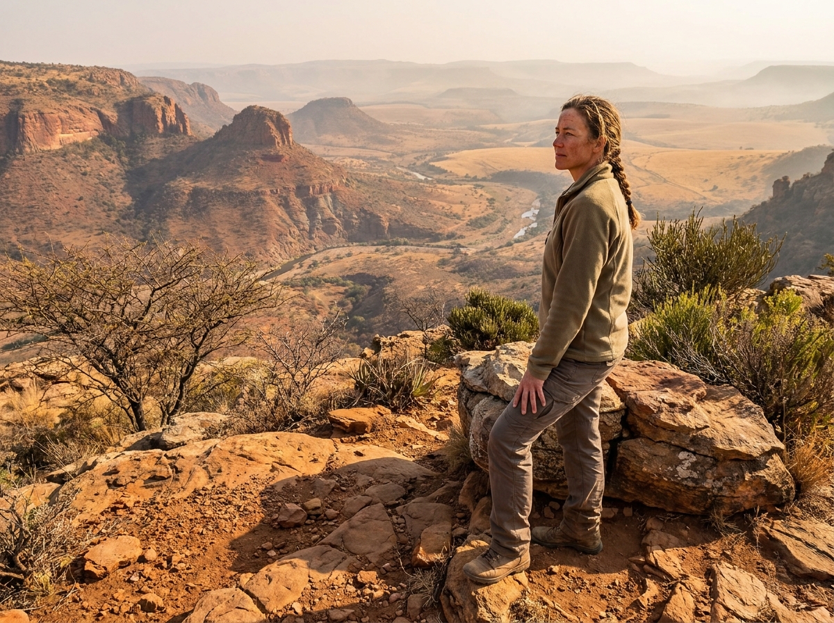 Randonneuse solitaire admirant les formations géologiques et plateaux spectaculaires d'Afrique du Sud