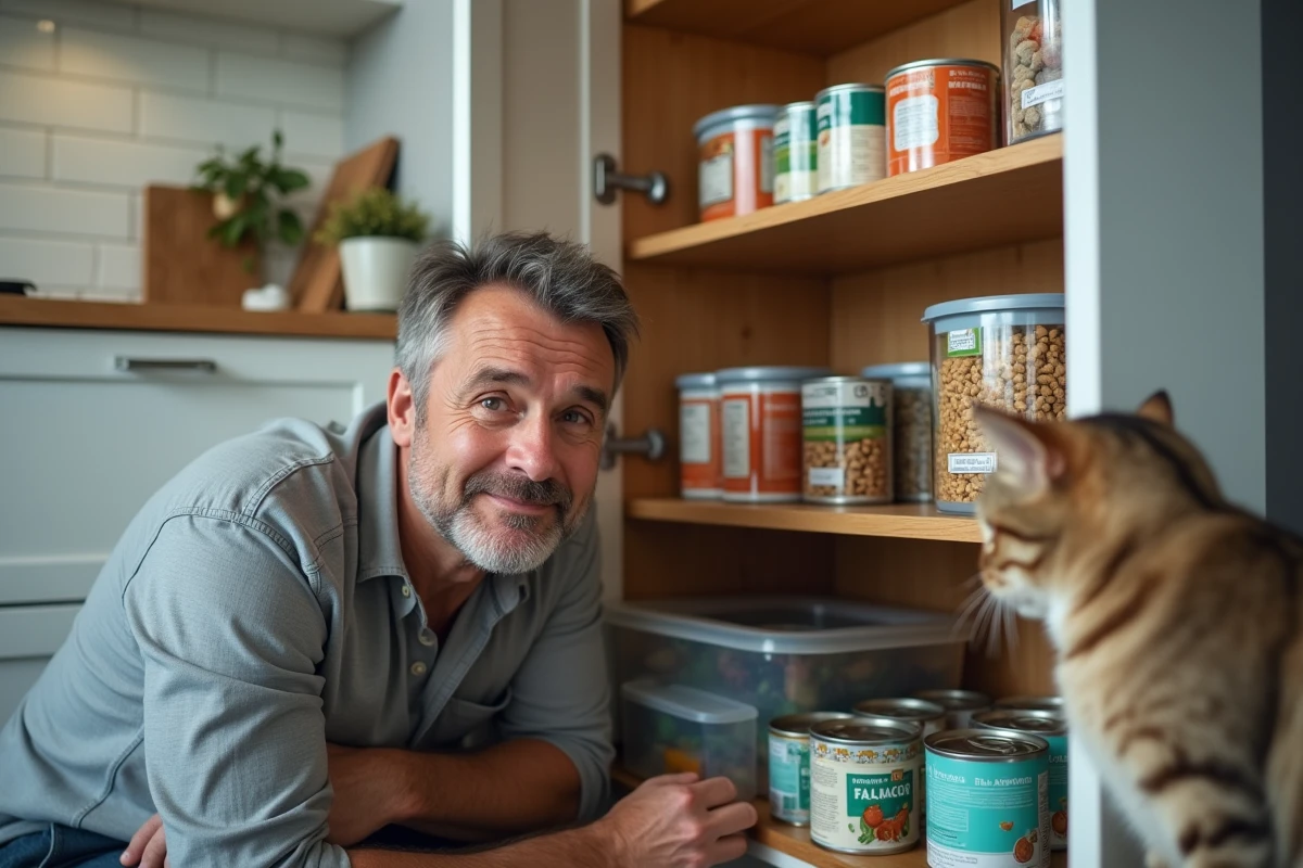 homme organisant les provisions de nourriture pour chat dans un placard de cuisine avec rangements intelligents