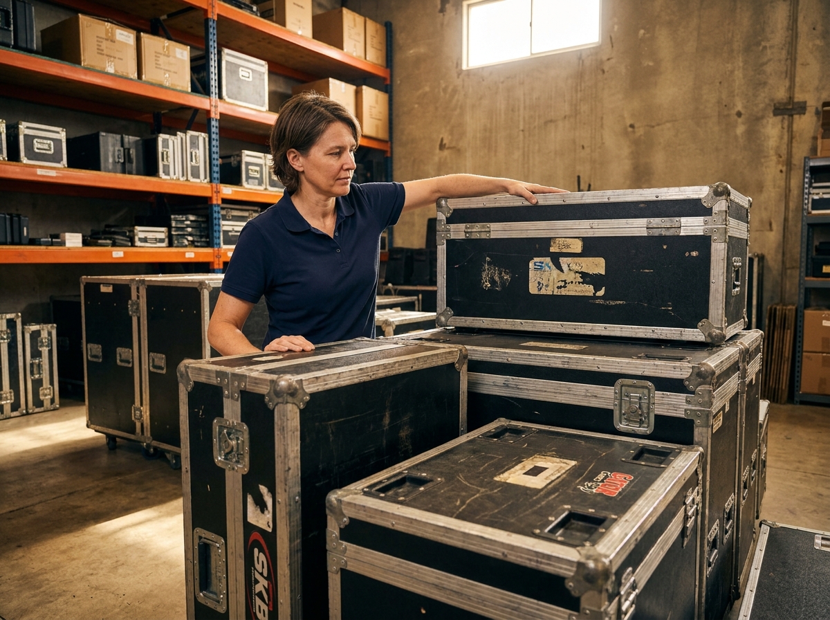 Ingénieure son empilant des flight cases d'occasion dans un entrepôt pour tournées musicales