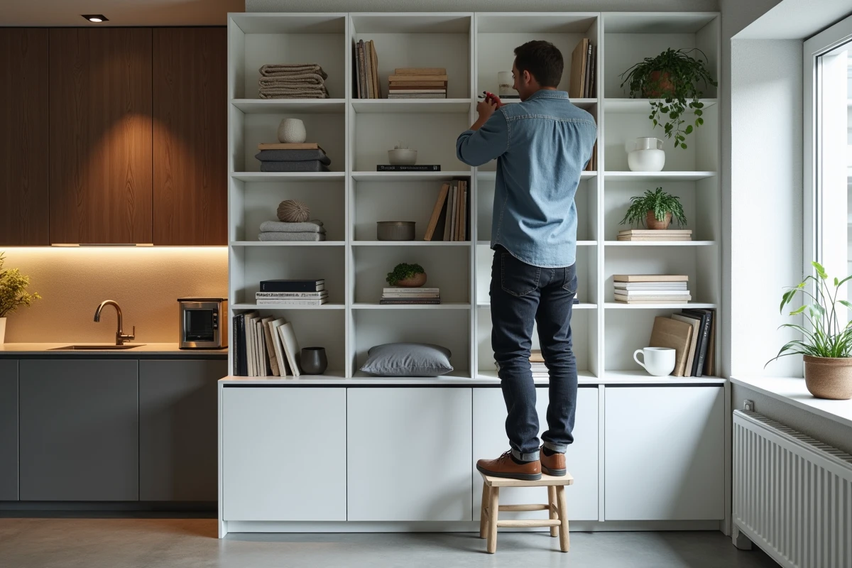 Homme installant un système de rangement modulaire mural dans un petit studio bien organisé