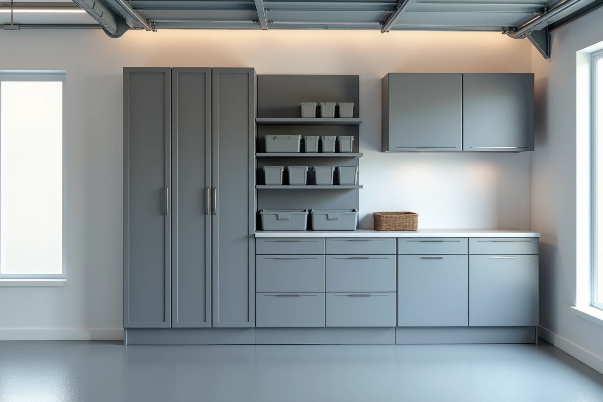Système de rangement modulable et adaptable pour garage avec panneaux interchangeables, étagères réglables et bacs amovibles dans diverses configurations