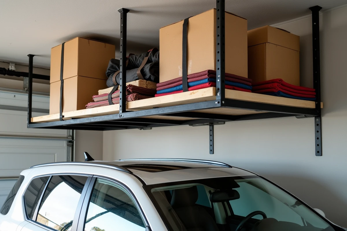 Rangements suspendus au plafond d'un garage avec plateformes chargées de boîtes et d'équipements saisonniers au-dessus d'un SUV garé
