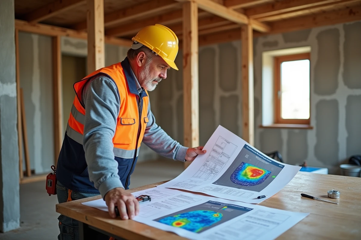 Entrepreneur analysant un rapport d'étude thermique et des images infrarouges dans une maison en rénovation avant travaux