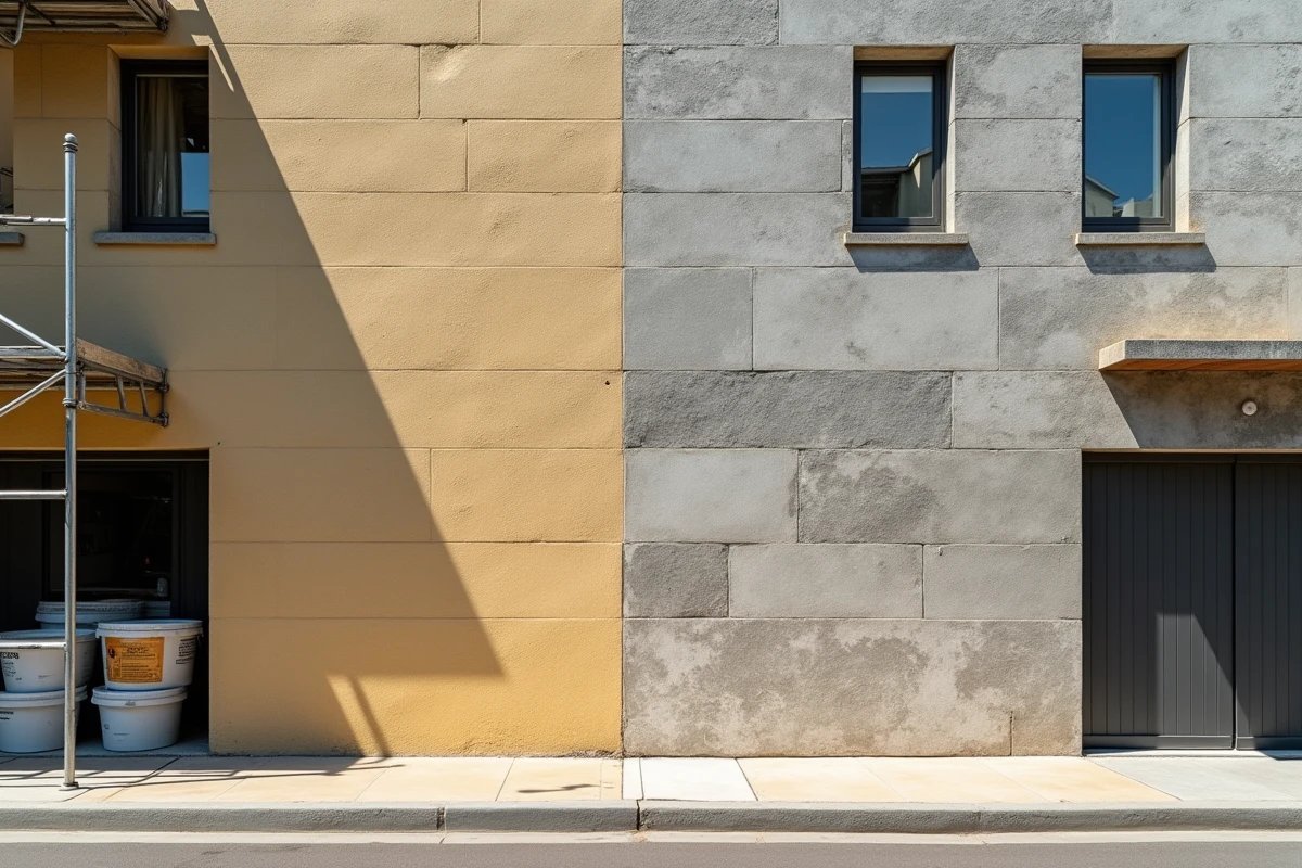Comparaison avant-après ravalement façade avec enduit hydraulique sur bâtiment ancien