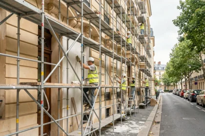 Équipe de professionnels effectuant un ravalement de façade sur un immeuble haussmannien à Clichy, avec échafaudage et ouvriers en gilets haute visibilité