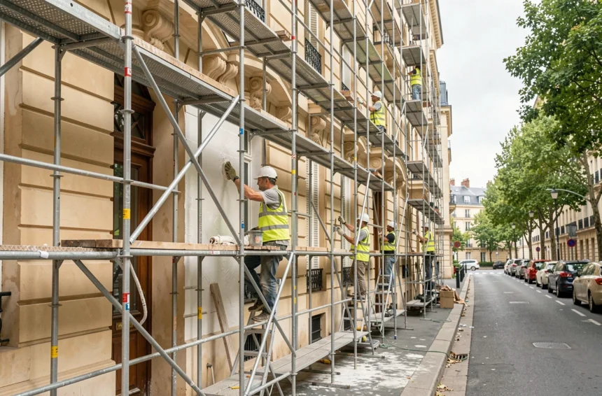 Équipe de professionnels effectuant un ravalement de façade sur un immeuble haussmannien à Clichy, avec échafaudage et ouvriers en gilets haute visibilité