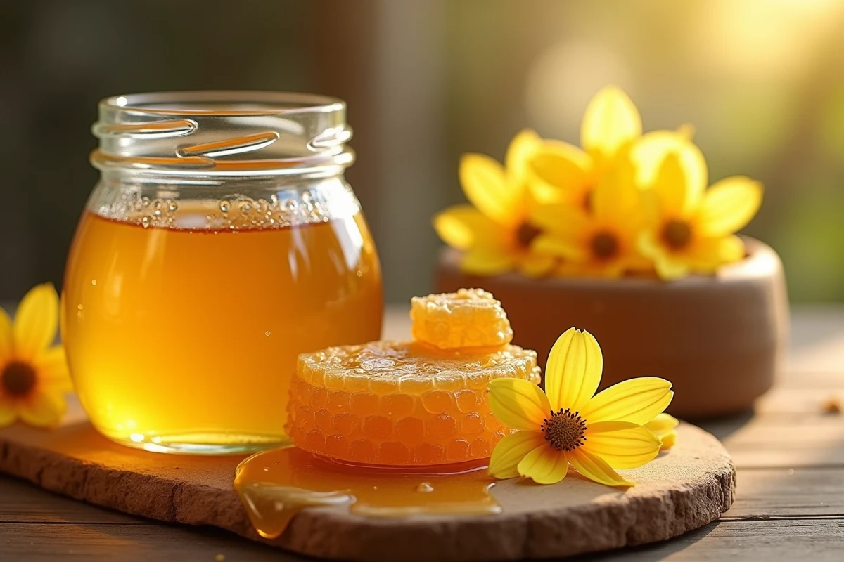 Pot de miel doré artisanal avec rayon de miel et fleurs fraîches sur table en bois