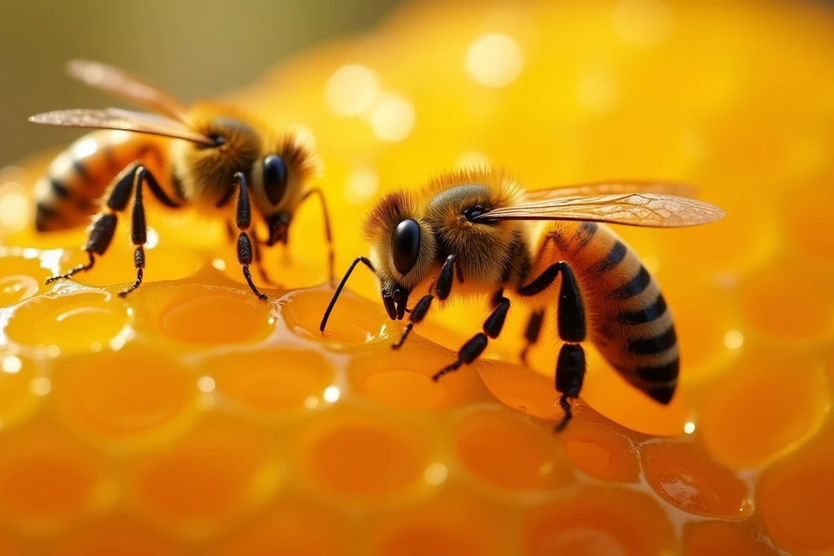 Rayon de miel doré rempli d'abeilles travaillant sur les alvéoles cirées