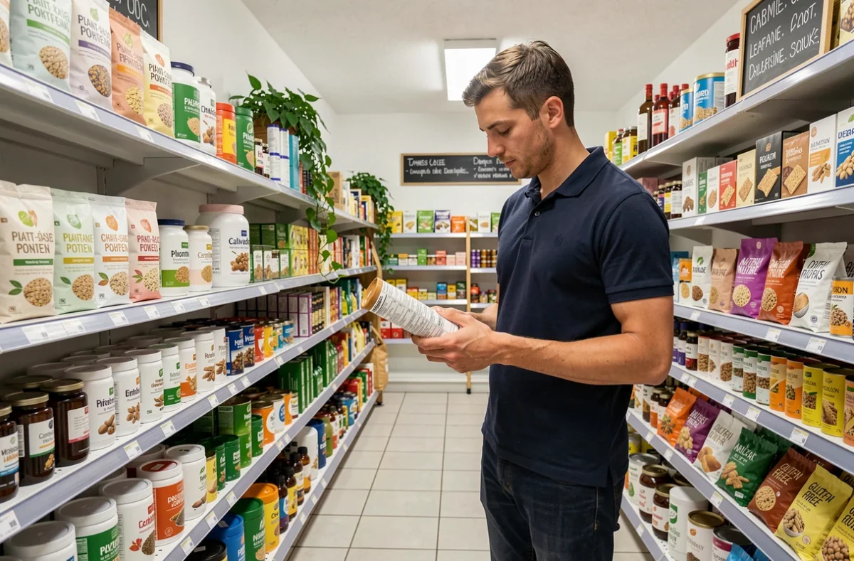 Rayon d'un magasin diététique dans le Calvados avec des produits biologiques et naturels soigneusement disposés