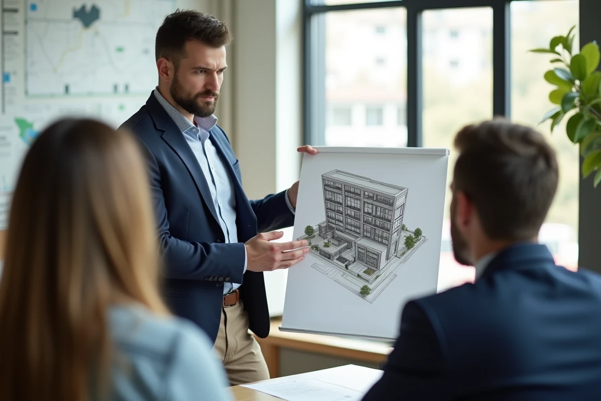 Agent immobilier présentant un projet immobilier et des plans à des investisseurs pour illustrer les SCPI